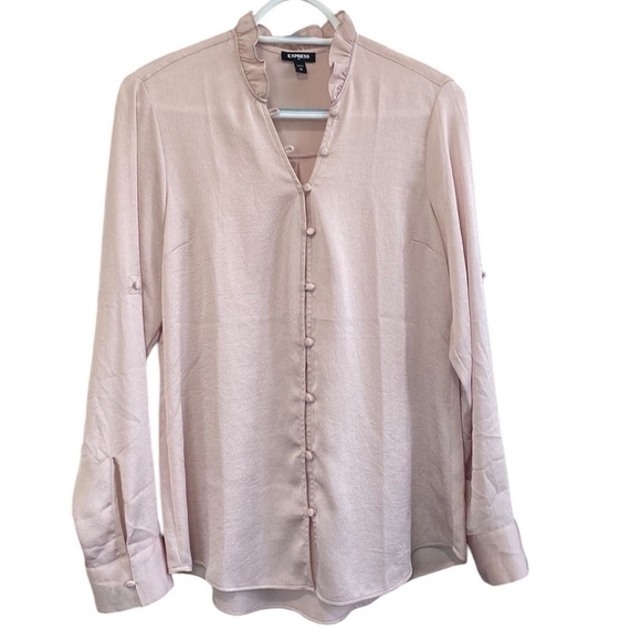 Express Light Pink Portofino Ruffle V-Neck Button Up Blouse Shirt Bohemian Top - Picture 11 of 16